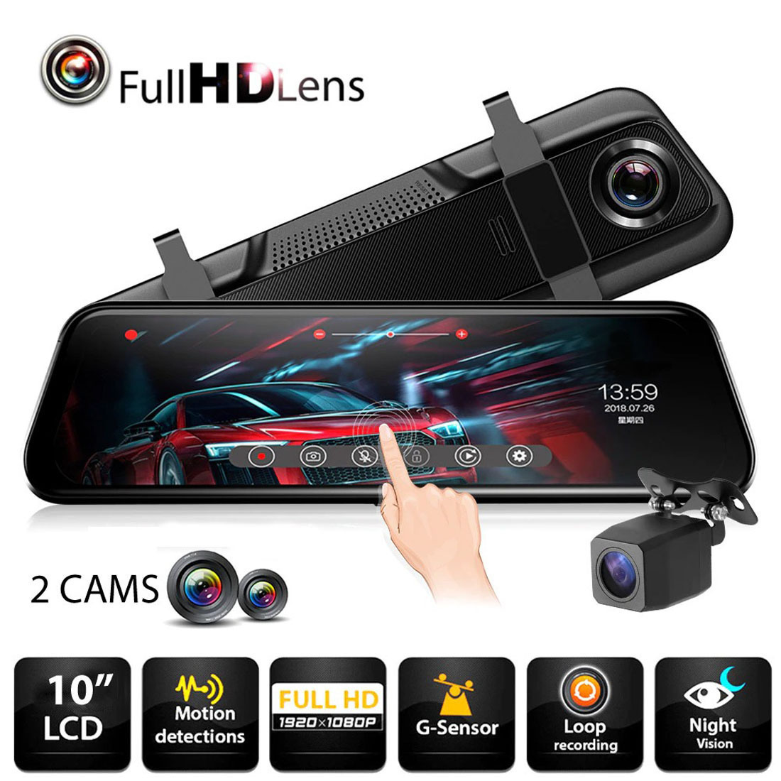 F1062 Σετ Καθρέπτης με Κάμερα DVR Αυτοκινήτου 720P με Οθόνη 10´ με Κλιπ & Κάμερα Οπισθοπορείας