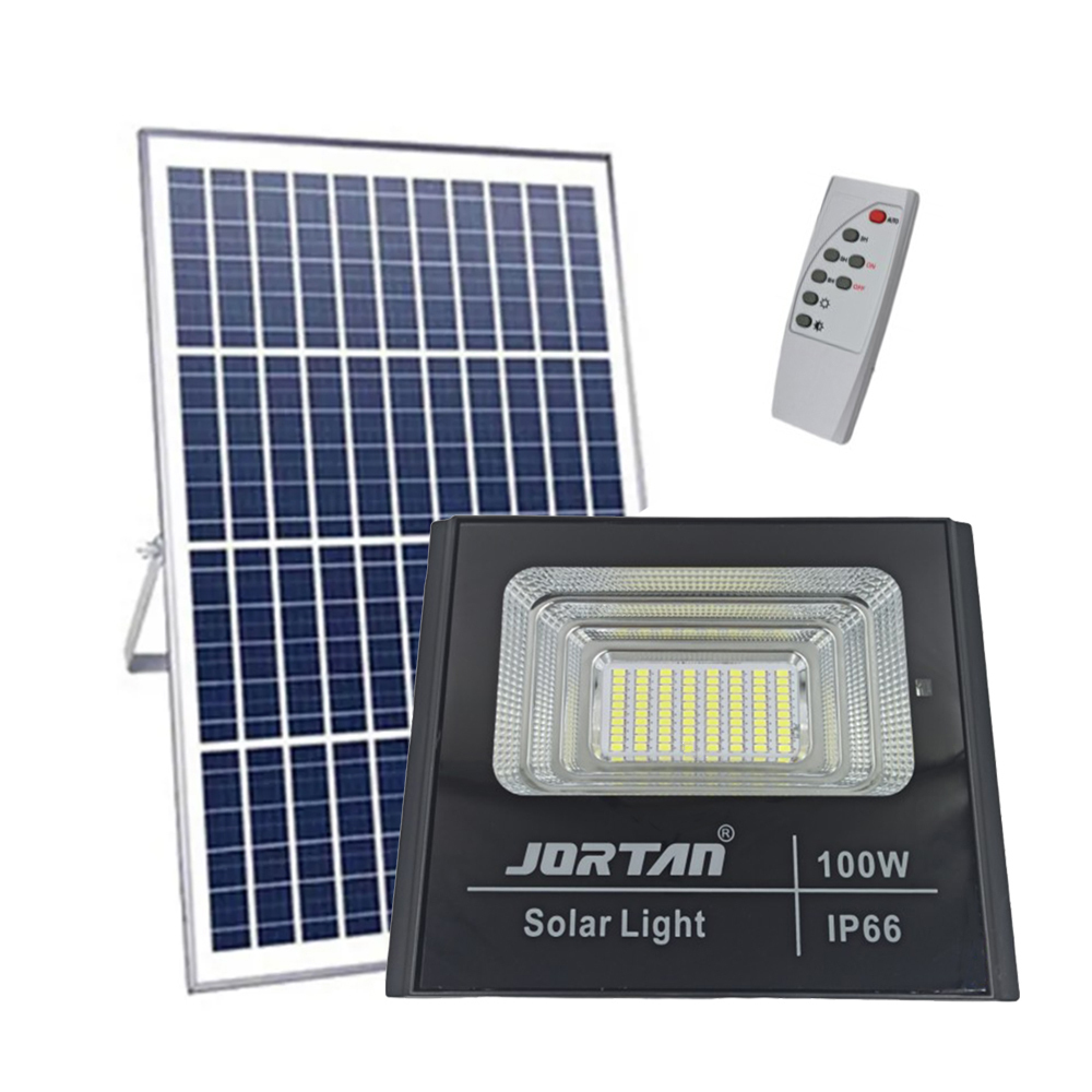 Jortan Στεγανός Ηλιακός Προβολέας LED 100W Ψυχρό Λευκό 6500K με Φωτοκύτταρο και Τηλεχειριστήριο IP66